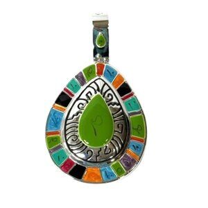 Large silver-tone and enamel native-inspired pendant.